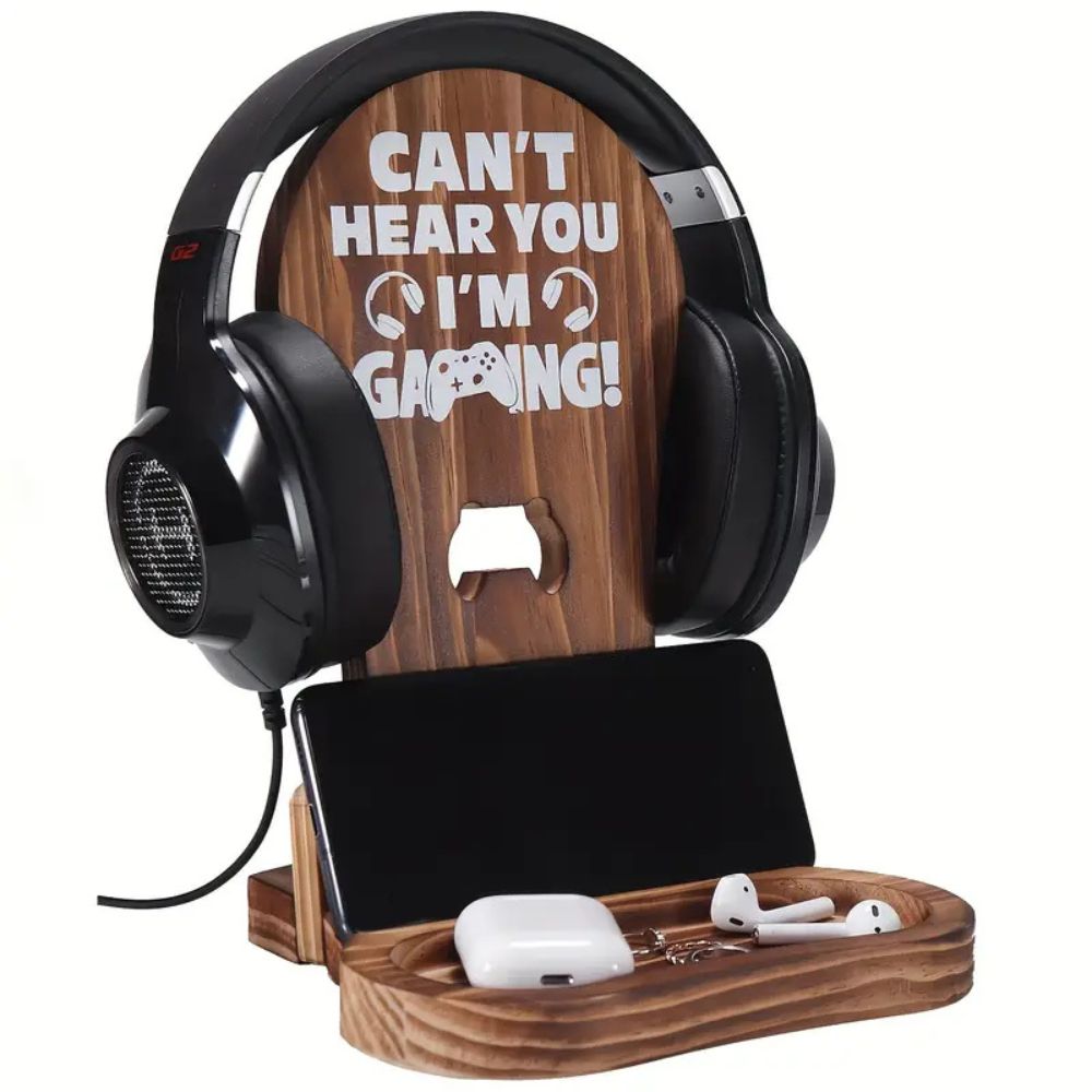 Support de Casque Gaming en Bois avec Compartiments Accessoires